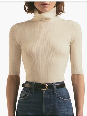 Favorite Daughter Beige Ribbed 100% Merino Wool Amelia Turtleneck Top Sz. M